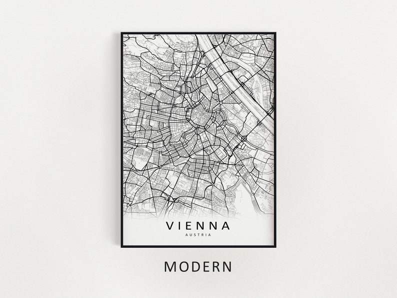 Mockup map print example. Map is displayed in black frames on a white wall.
The example picture is in portrait. The displayed map is in a modern style.