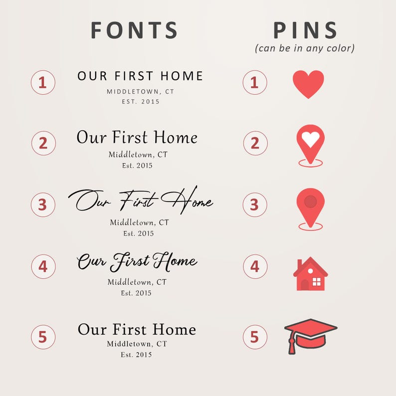 Pu&ograve; includere: Cinque stili di font diversi per il testo "Our First Home" con la posizione Middletown, CT e l'anno 2015. Cinque diverse icone di pin: un cuore, un cuore con un pin, un pin, una casa e un cappello di laurea.