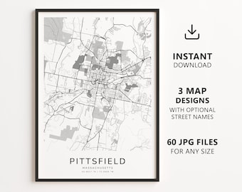 Mapa de Pittsfield, Massachusetts para imprimir – Download digital do mapa da cidade, mapa de ruas minimalista para decoração de parede.