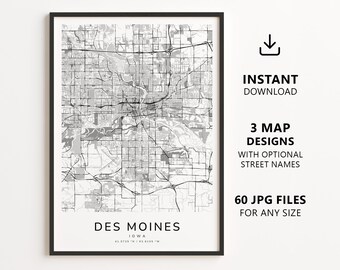 Des Moines, Iowa Map Printable – Digital Download City Map Wall Art, Minimalist Street Map Poster