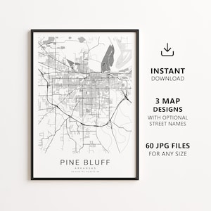 Könnte beinhalten: Ein gerahmter schwarz-weißer Kartendruck von Pine Bluff, Arkansas, mit einem detaillierten Straßennetz, Gewässern und dem Text Pine Bluff, Arkansas, 34.2216 N / 92.0173 W, sowie Hinweisen zum sofortigen Download und zu den verfügbaren JPG-Dateien.
