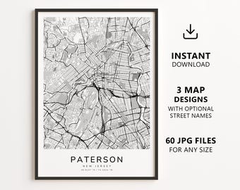 Paterson, New Jersey Map Printable – Digital Download City Map, Minimalist Street Map Wall Art