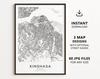 Kinshasa, Congo Map Printable – Digital Download City Map, Minimalist Street Map Wall Art