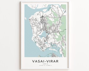 Vasai-Virar India Map Print – Detailed Street Map Wall Art, Modern City Map Poster, Home Wall Decor