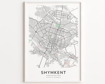 Shymkent Kazakhstan Map Print – Detailed Street Map Wall Art, Modern City Map Poster, Travel Decor Gift
