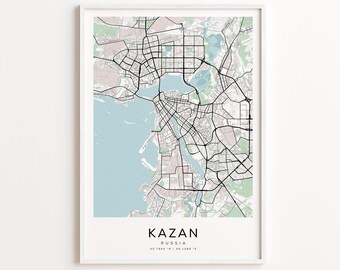 Kazan Russia Map Print – Detailed Street Map Wall Art, Modern City Map Poster, Home Wall Decor