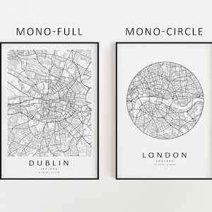 Mockup map print examples. Maps are displayed in black frames on a white wall.
The example pictures are in portrait. Displayed maps are in the monochrome color scheme.