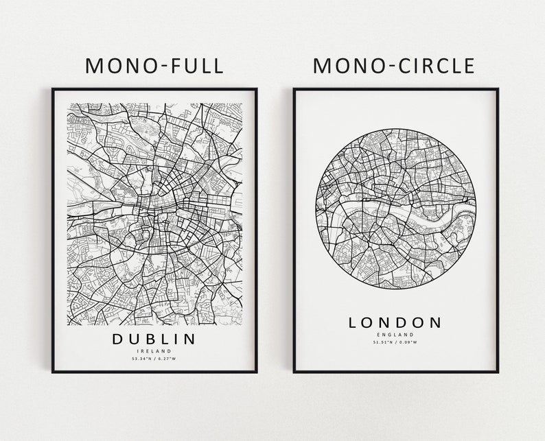 Mockup map print examples. Maps are displayed in black frames on a white wall.
The example pictures are in portrait. Displayed maps are in the monochrome color scheme.