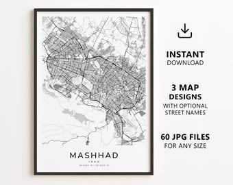 Mashhad, Iran Map Printable – Digital Download City Map Wall Art, Minimalist Street Map Poster
