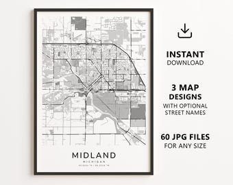 Mapa de Midland, Michigan para imprimir – Download digital do mapa da cidade, mapa de ruas minimalista para decoração de parede.