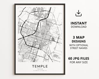 Temple, Texas Map Printable – Digital Download City Map, Minimalist Street Map Wall Art