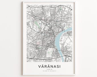 Vārānasi India Map Print – Detailed Street Map Wall Art, Modern City Map Poster, Home Wall Decor