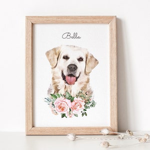 Watercolor dog portrait displayed in a wooden frame. The dog has a white coat. Below the dog portrait flowers are displayed.