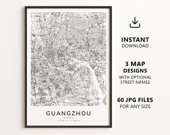 Guangzhou, China – Stadtplan zum Ausdrucken – Digitaler Download, minimalistisches Straßenkarten-Poster