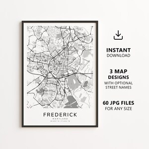 Könnte beinhalten: Ein schwarz-weißer Stadtplan von Frederick, Maryland, mit detailliertem Straßennetz, grauen Flächen und dem Text 'FREDERICK MARYLAND 39.4143 N / 77.4105 W'. Rechts steht der Text 'INSTANT DOWNLOAD', '3 MAP DESIGNS' und '60 JPG FILES'.