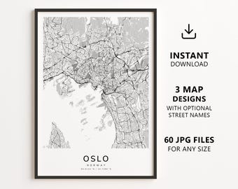 Oslo, Norwegen – Stadtplan zum Ausdrucken – Digitaler Download, minimalistischer Straßenplan als Wandbild