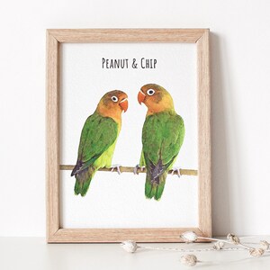 Watercolor parrot portrait displayed in a wooden frame.
