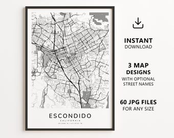 Escondido, California Map Printable – Digital Download City Map, Minimalist Street Map Wall Art