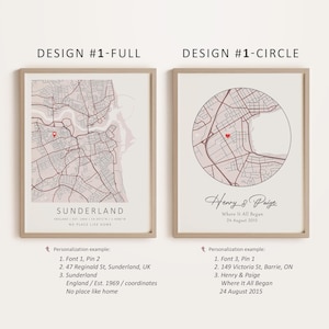 Op de afbeelding: Twee printbare ontwerpen voor een gepersonaliseerde kaartprint. Het eerste ontwerp toont een volledige kaart van Sunderland, Engeland, met een rode hartpin. Het tweede ontwerp toont een cirkelvormige kaart van Sunderland met een rode hartpin en de tekst "Henry & Paige, Where It All Began, 24 August 2015".