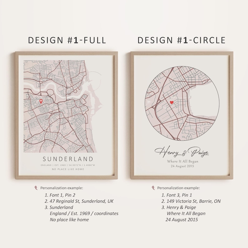 Op de afbeelding: Twee printbare ontwerpen voor een gepersonaliseerde kaartprint. Het eerste ontwerp toont een volledige kaart van Sunderland, Engeland, met een rode hartpin. Het tweede ontwerp toont een cirkelvormige kaart van Sunderland met een rode hartpin en de tekst "Henry & Paige, Where It All Began, 24 August 2015".