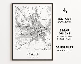 Skopje, North Macedonia Map Printable – Digital Download City Map Wall Art, Minimalist Street Map Poster