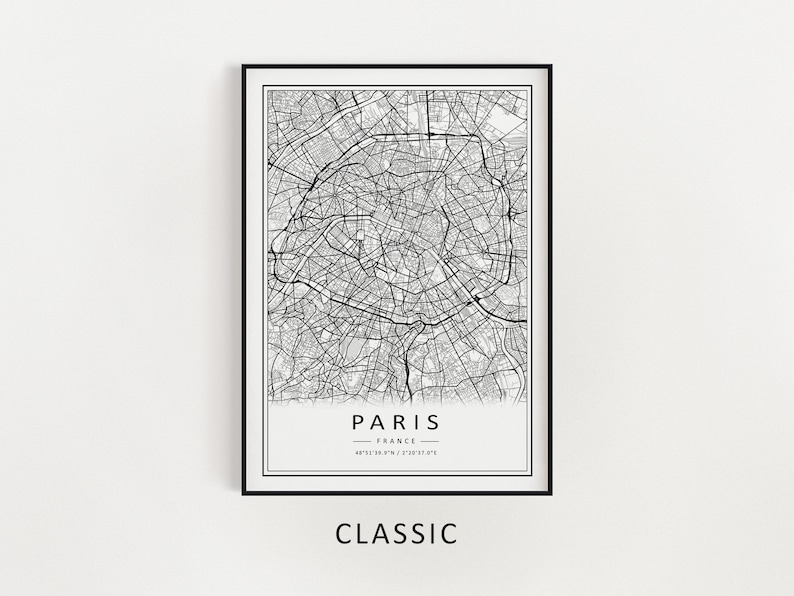 Mockup map print example. Map is displayed in black frames on a white wall.
The example picture is in portrait. The displayed map is in a classic style.