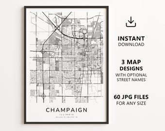 Champaign, Illinois Map Printable – Digital Download City Map, Minimalist Street Map Wall Art