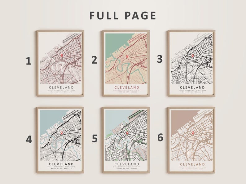 May include: Six different versions of a map print of Cleveland, Ohio. Each map is framed in a light wood frame and has a different color scheme. The maps are numbered 1 through 6.