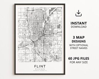 Mapa de Flint, Michigan para imprimir – Download digital, arte de parede com mapa da cidade, pôster minimalista com mapa de ruas.