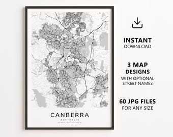 Canberra, Australia Map Printable – Digital Download City Map Wall Art, Minimalist Street Map Poster