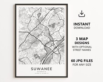 Suwanee, Georgia Map Printable – Digital Download City Map, Minimalist Street Map Wall Art