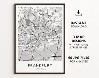 Frankfurt am Main – Stadtplan zum Ausdrucken – Digitaler Download, minimalistischer Straßenplan als Wandbild