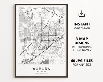 Auburn, Alabama Map Printable – Digital Download City Map Wall Art, Minimalist Street Map Poster