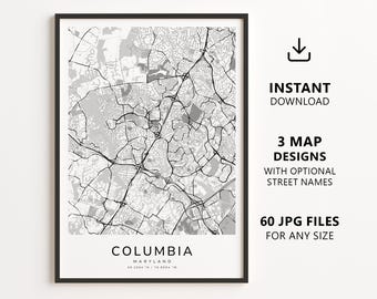 Columbia, Maryland Map Printable – Digital Download City Map, Minimalist Street Map Wall Art