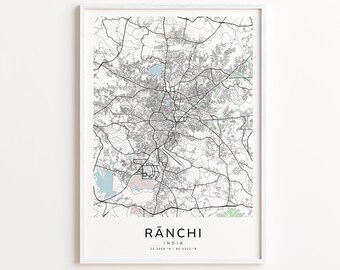 Rānchi India Map Print – Detailed Street Map Wall Art, Modern City Map Poster, Home Wall Decor