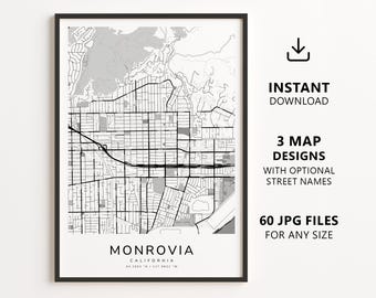Mapa de Monrovia, Califórnia para imprimir – Download digital do mapa da cidade, mapa de ruas minimalista para decoração de parede.