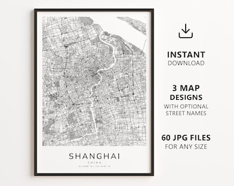 Shanghai, China – Stadtplan zum Ausdrucken – Digitaler Download, minimalistische Straßenkarte als Wandbild