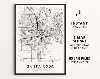 Mapa de Santa Rosa, Califórnia para imprimir – Download digital do mapa da cidade, mapa de ruas minimalista para decoração de parede.