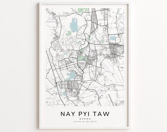 Nay Pyi Taw Burma Map Print – Detailed Street Map Wall Art, Modern City Map Poster, Travel Decor Gift