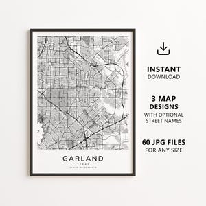 May include: A black and white map print of Garland, Texas, featuring a detailed street grid and highway network. The text at the bottom reads GARLAND TEXAS 32.9126 N / 96.6386 W. The design is presented in a black frame against a plain white background.