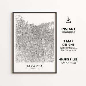 以下が含まれることがあります： ジャカルタの白黒地図プリント。詳細な道路網が描かれています。テキスト：INSTANT DOWNLOAD, 3 MAP DESIGNS WITH OPTIONAL STREET NAMES, 60 JPG FILES FOR ANY SIZE, JAKARTA, INDONESIA, 6.1744 S / 106.8275 E.