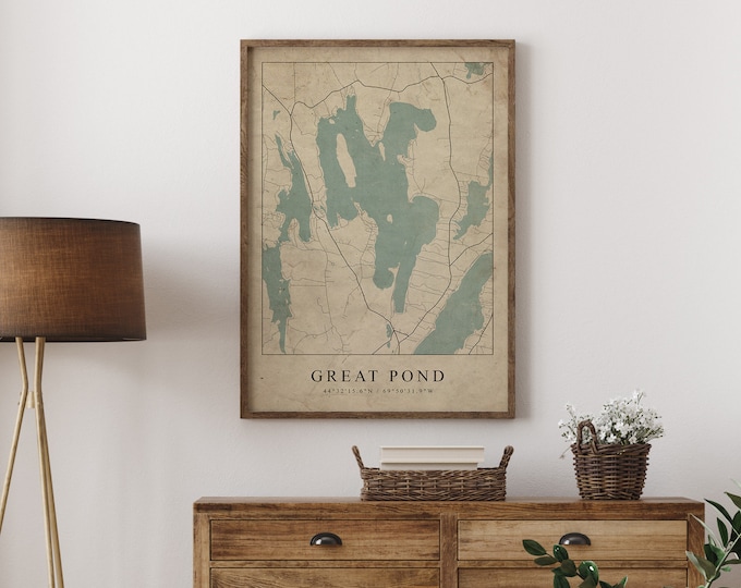 Custom Vintage style Lake Map Print Digital Download | Lake House Art | Lake Poster | Lake Map | Lake Art | Gift for Him | Gift for Her