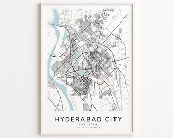 Hyderabad City Pakistan Map Print – Detailed Street Map Wall Art, Modern City Map Poster, Travel Decor Gift