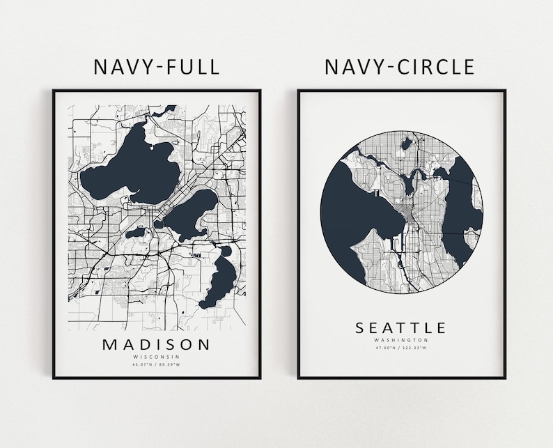 Mockup map print examples. Maps are displayed in black frames on a white wall.
The example pictures are in portrait. The displayed maps are in the navy blue color scheme.