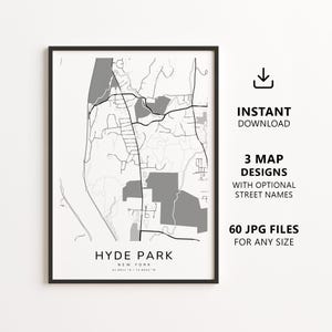 Utskrivbar karta över Hyde Park, New York – digital nedladdning av stadskarta, väggkonst med minimalistisk gatukarta