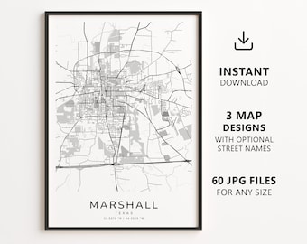 Marshall, Texas Map Printable – Digital Download City Map, Minimalist Street Map Wall Art