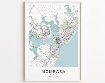 Mombasa Kenya Map Print – Detailed Street Map Wall Art, Modern City Map Poster, Travel Decor Gift