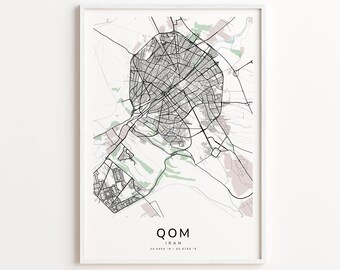 Qom Iran Map Print – Detailed Street Map Wall Art, Modern City Map Poster, Home Wall Decor