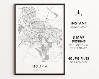 Houma, Louisiana Map Printable – Digital Download City Map, Minimalist Street Map Wall Art