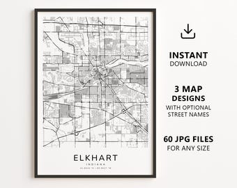 Elkhart, Indiana Map Printable – Digital Download City Map, Minimalist Street Map Wall Art